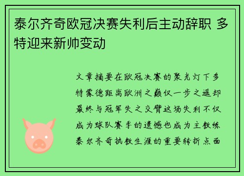 泰尔齐奇欧冠决赛失利后主动辞职 多特迎来新帅变动 泰尔齐奇欧冠决赛失利后主动辞职 多特迎来新帅变动